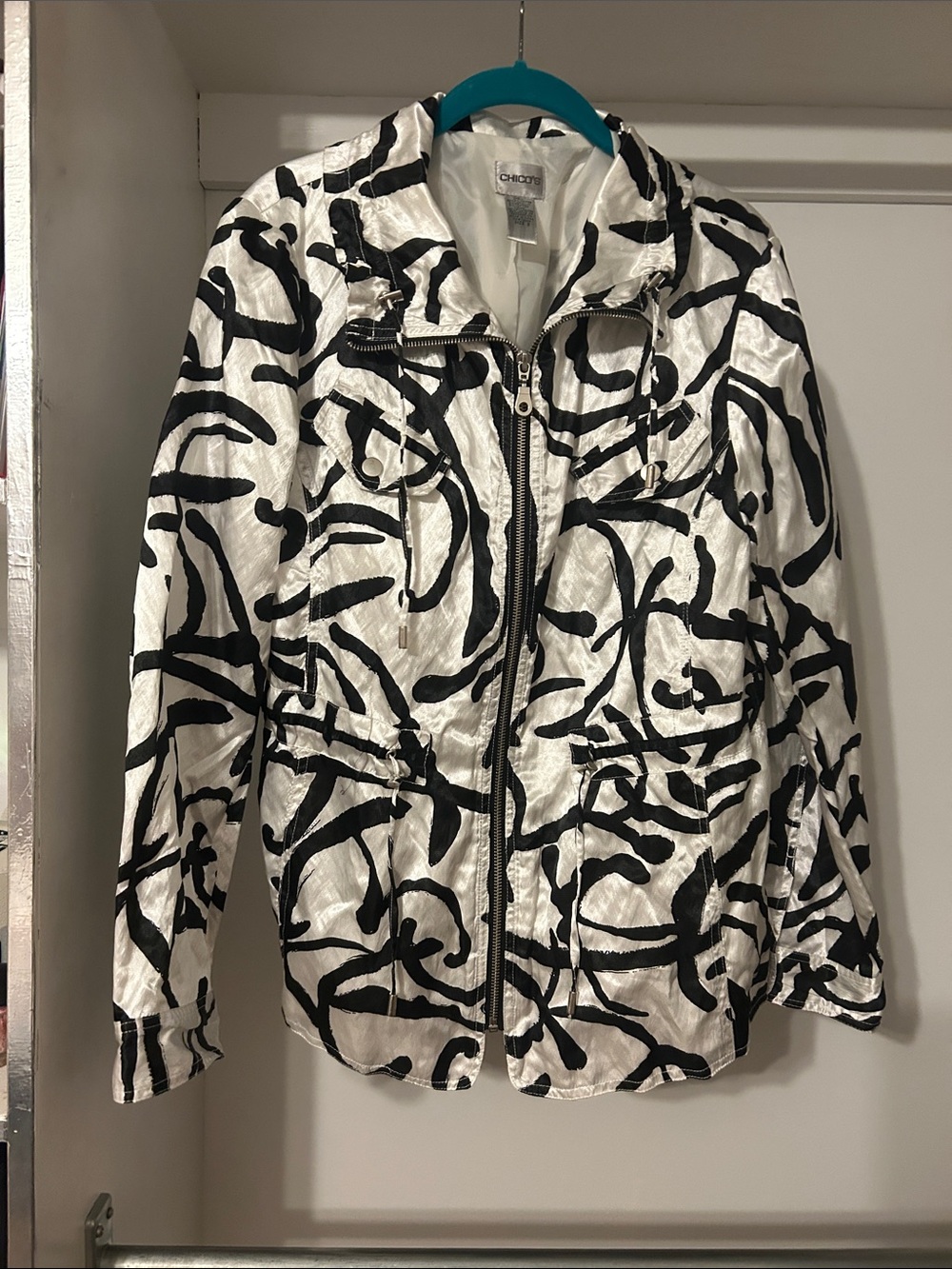 Chico's size 2 White Jacket with Black Abstract Brushstroke Print